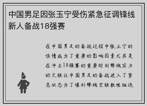 中国男足因张玉宁受伤紧急征调锋线新人备战18强赛 中国男足因张玉宁受伤紧急征调锋线新人备战18强赛