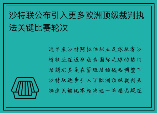 沙特联公布引入更多欧洲顶级裁判执法关键比赛轮次